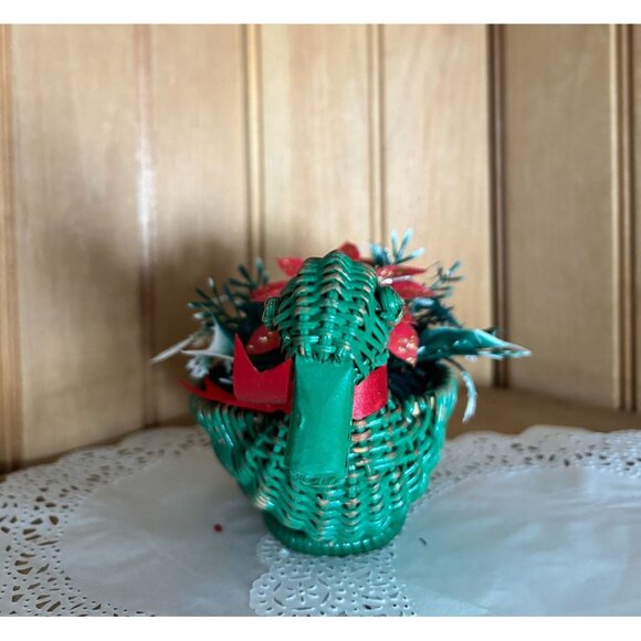 Handcrafted Woven Green Duck Basket Poinsettia Festive Vintage Holiday Decor - Picture 2 of 5